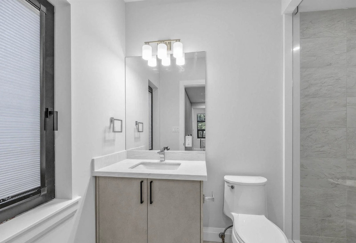 Bathroom vanity with chrome fixtures